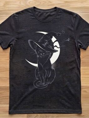 Black Tee with White Moon & Cat Witch Graphic